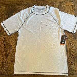 NEW SPEEDO UV Short Sleeve Swim Shirt, White with Black Trim, Stretch, Size M